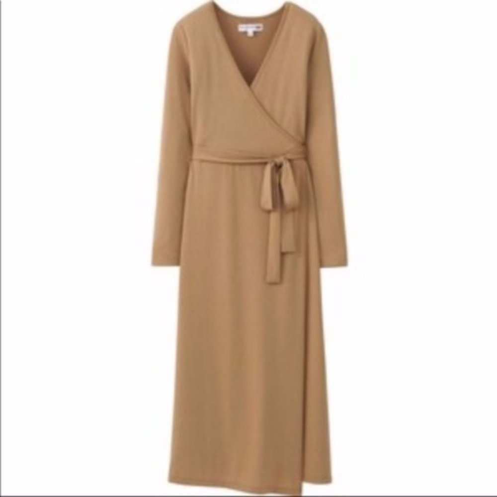 Uniqlo Tan Babydoll Maxi Dress V-neck Short Sleeve Casual